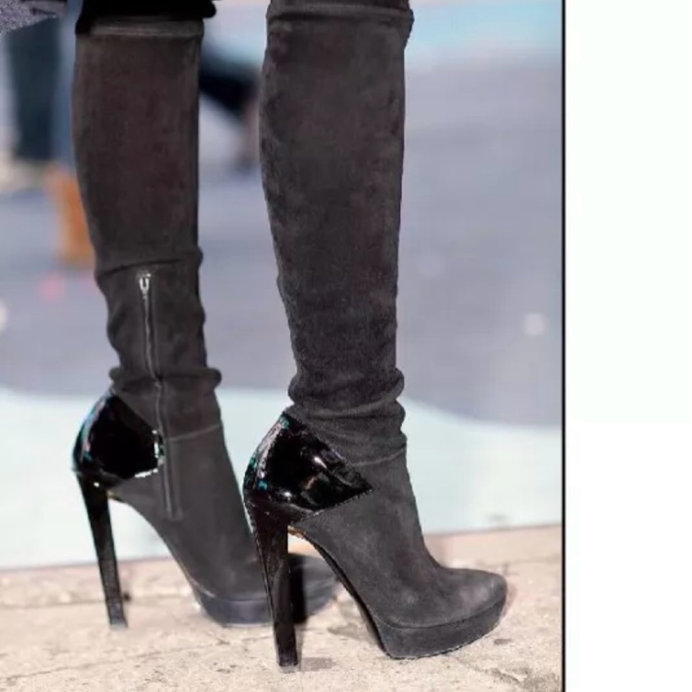 Gucci, OTK boots, black suede/patent, w/ Gold Hdwr